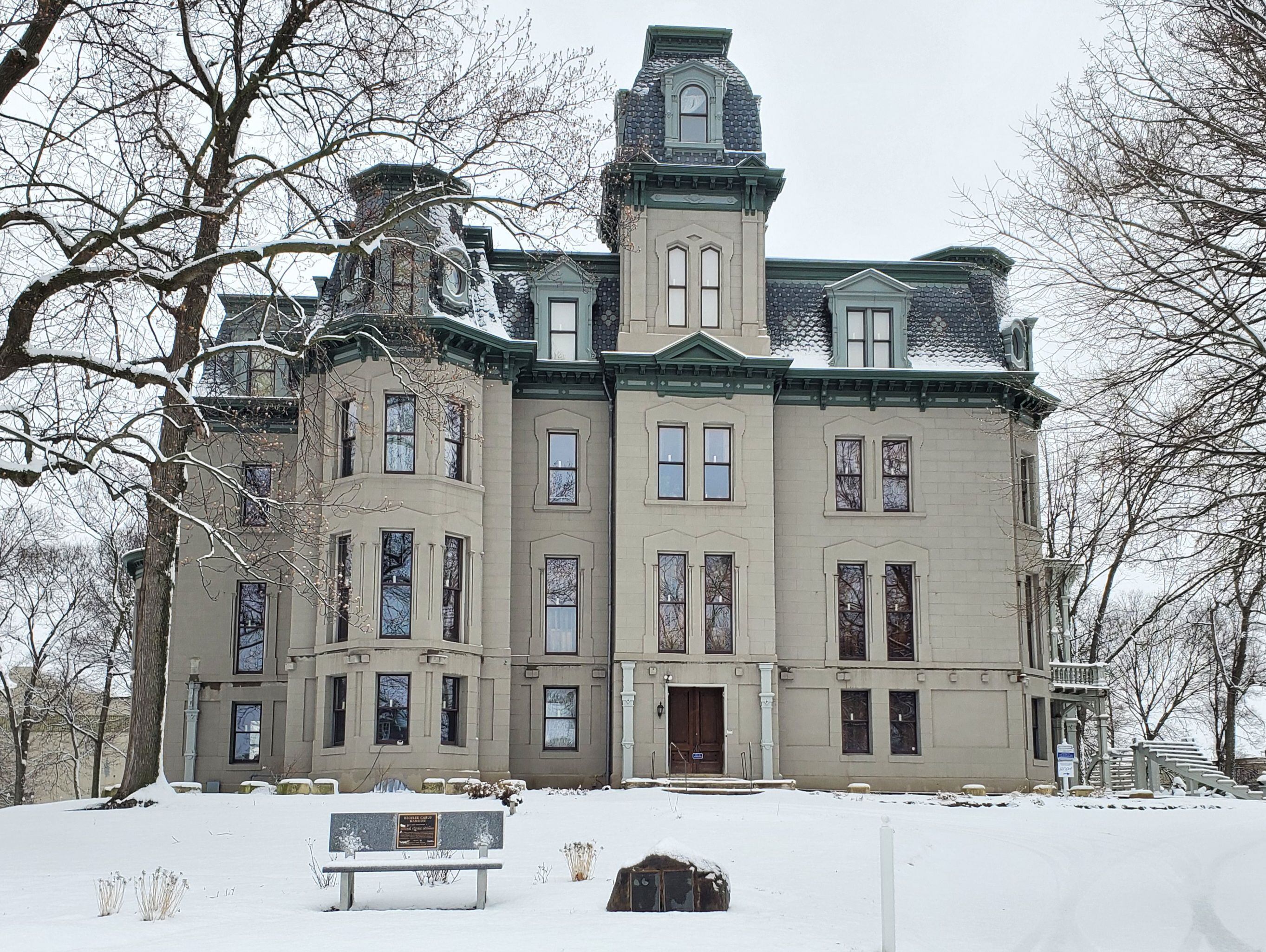 The Hegeler-Carus Mansion in La salle covered in snow.