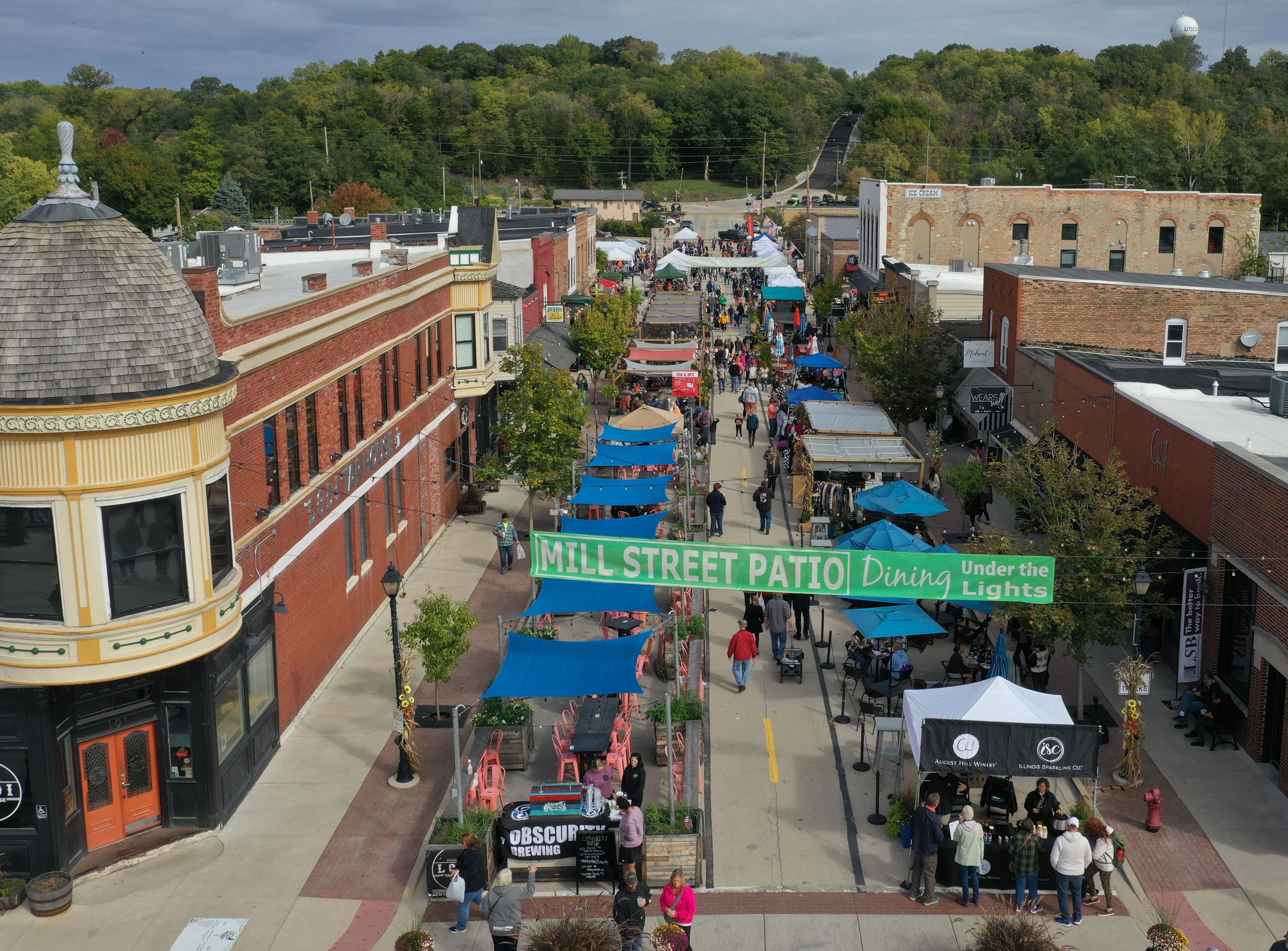 An aerial view of people walking down Mill Street during the 53rd annual Burgoo on Sunday, Oct. 8, 2023 downtown Utica.