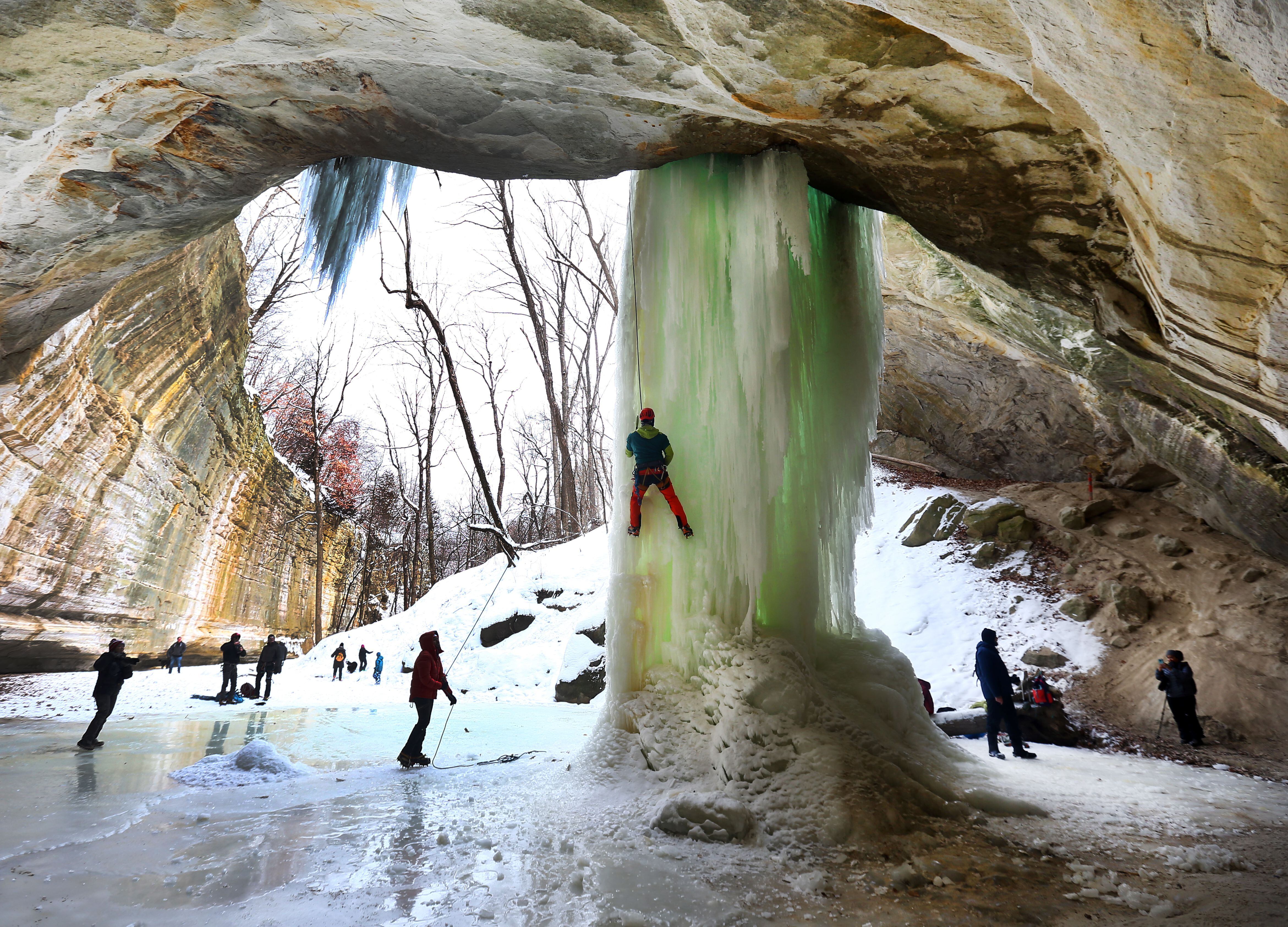 Mike Bularz, of Roselle, climbs an ice fall at Ottawa Canyon at Starved Rock State Park on Saturday Feb. 20, 2021. The polar vortex has allowed ice columns to form at all of the canyons in the park. Climbers are only allowed to climb at four of the eighteen canyons.