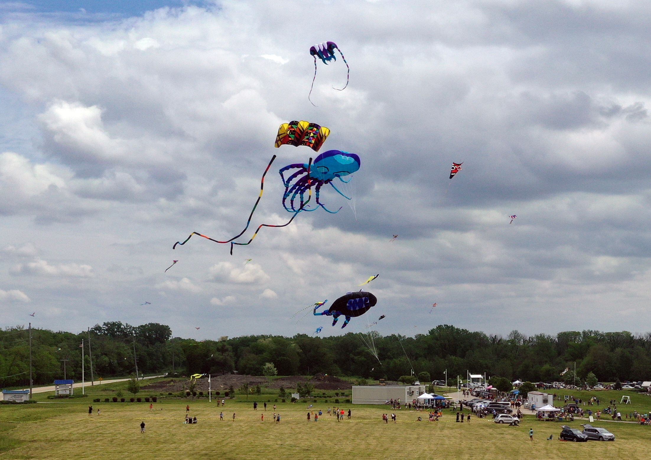 Kites fly above the "Kites in Flight" event at Heritage Harbor in Ottawa, on Sunday May 23, 2021.