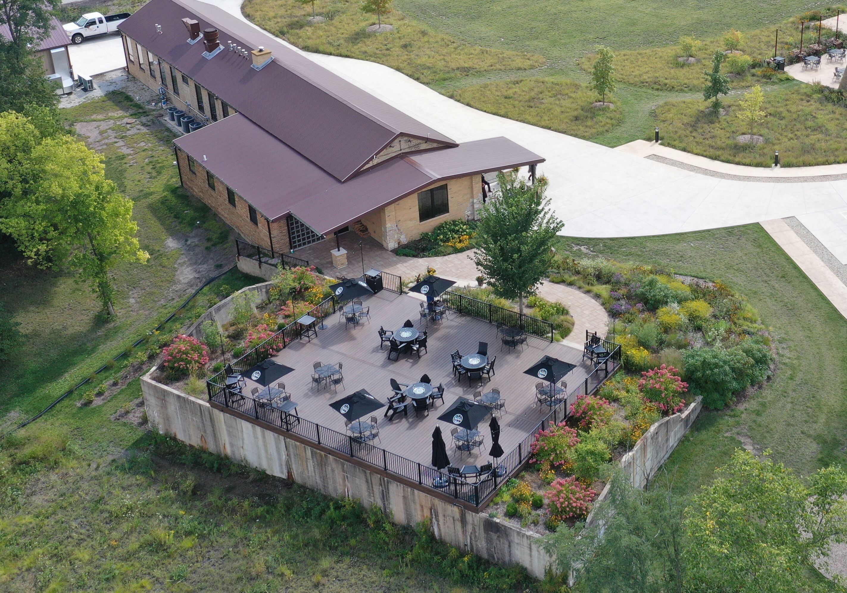 An aerial view of the patio and event center at Camp Aramoni on Monday, Sept. 18, 2023 near Lowell.